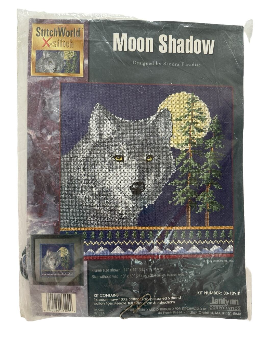 JANLYNN Vintage Moon Shadow Wolf Cross Stitch Kit #03-109K Stitch World Dog 1995